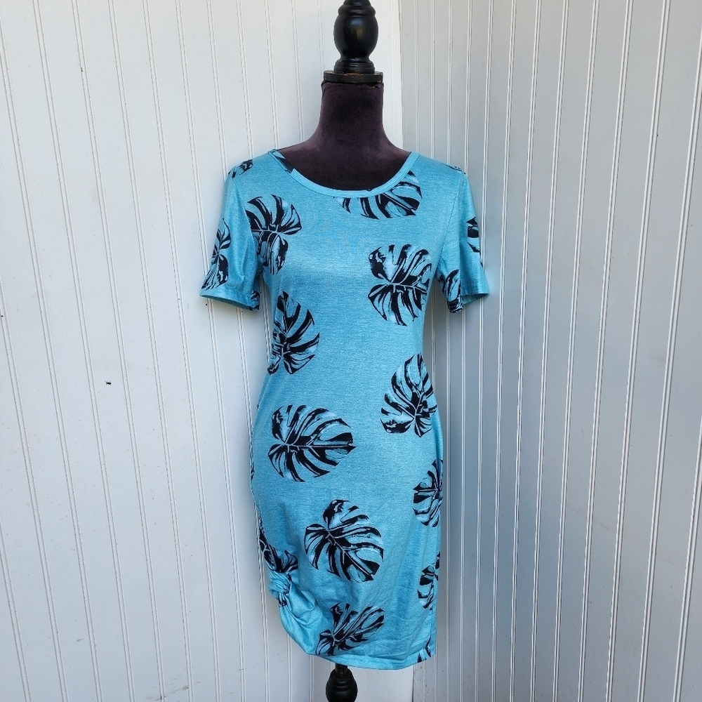 Pat Pat Womens Stretch Mini Shirt Dress Tropical Pattern Monstera Short Sleeve M